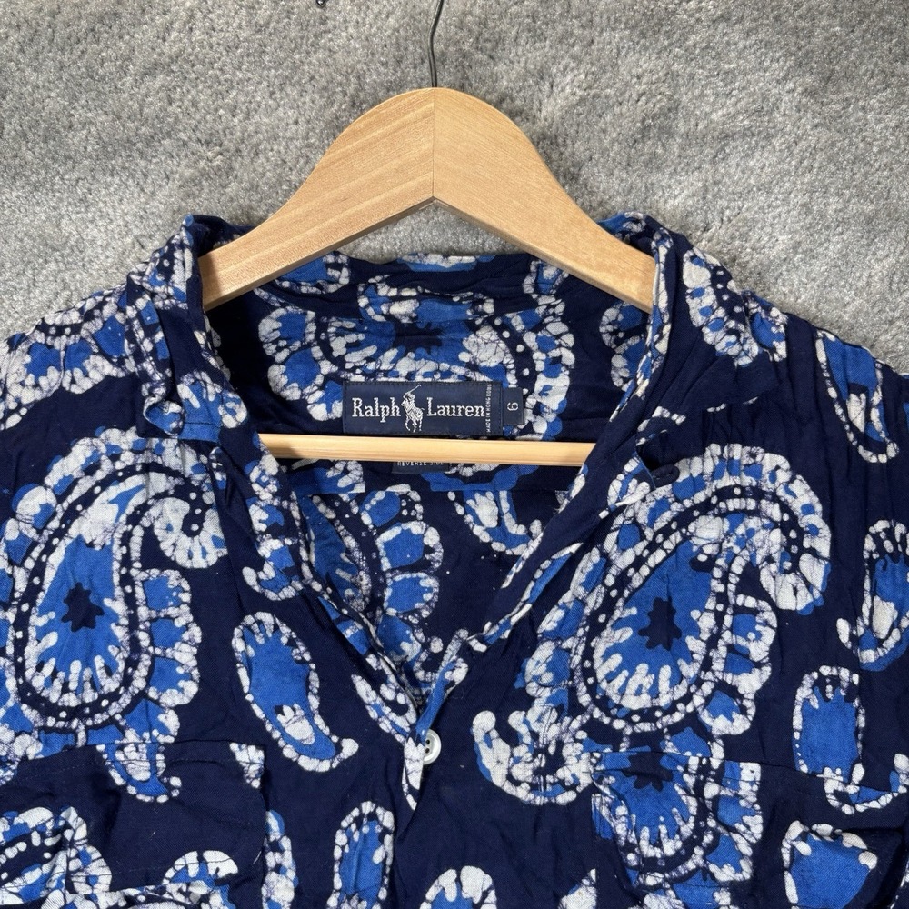 Vintage Polo Ralph Lauren Camp Shirt Womens 6 Blue Abstract Paisley Rayon 90s